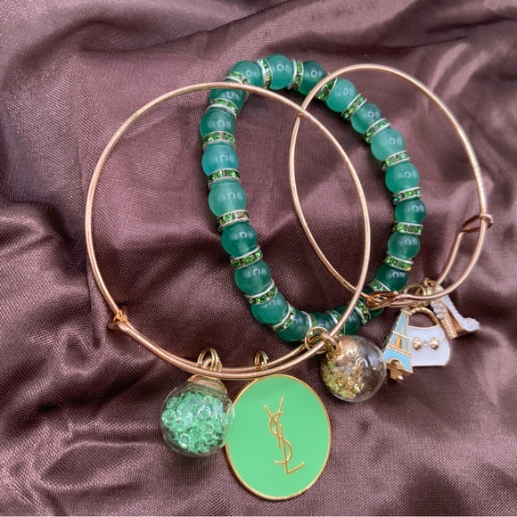 Set of 3 Handmade Green Two Bangles One Beaded Bracelets - Picture 2 of 3